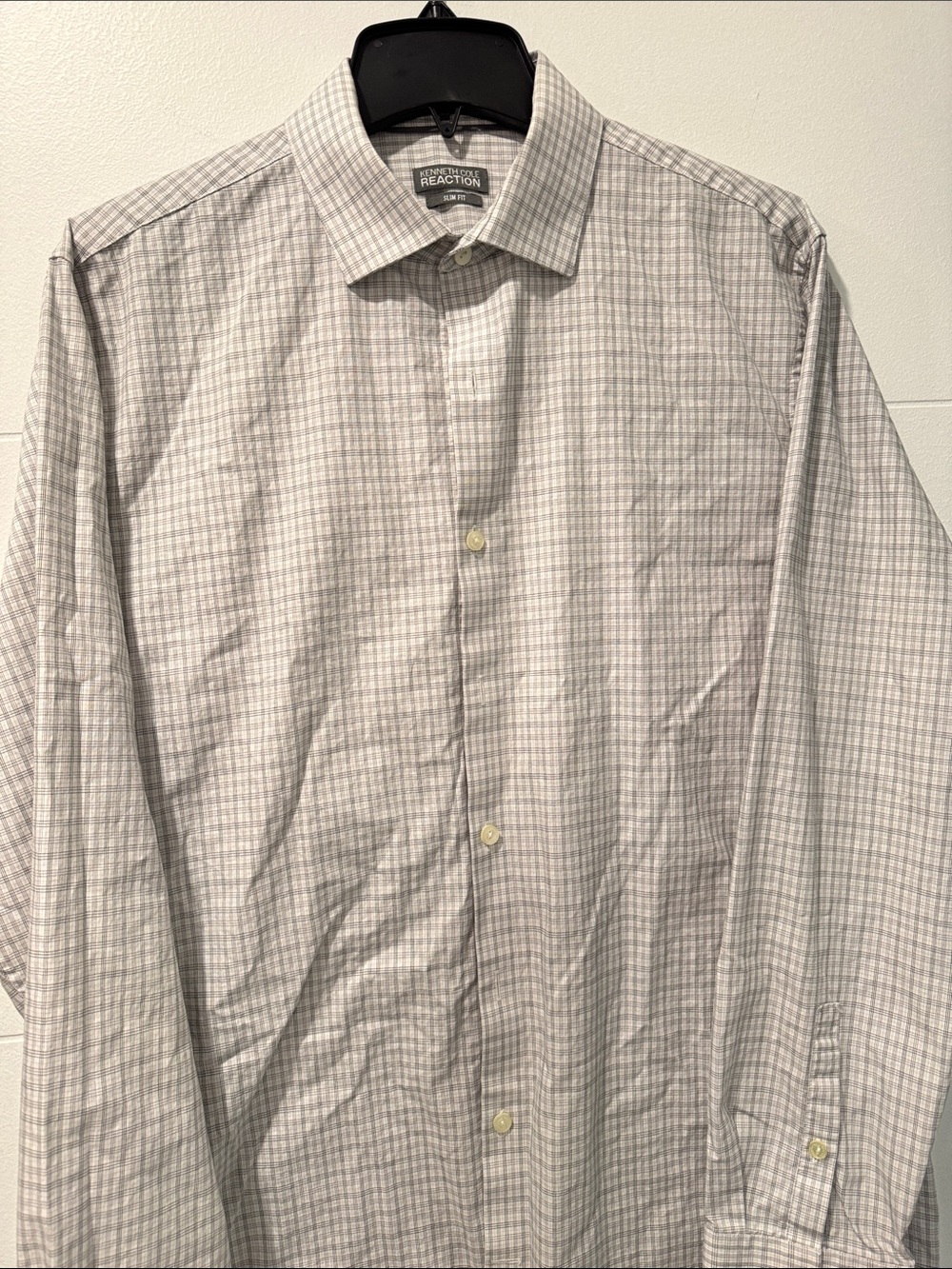 Kenneth Cole Reaction Mens Large Grey White Plaid Slim Fit Button Down Shirt‎
